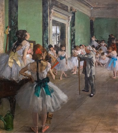 ダンス教室の様子。1873年に始まり、1875-1876年に終わる。キャンバスに油彩。 作： Edgar Degas
