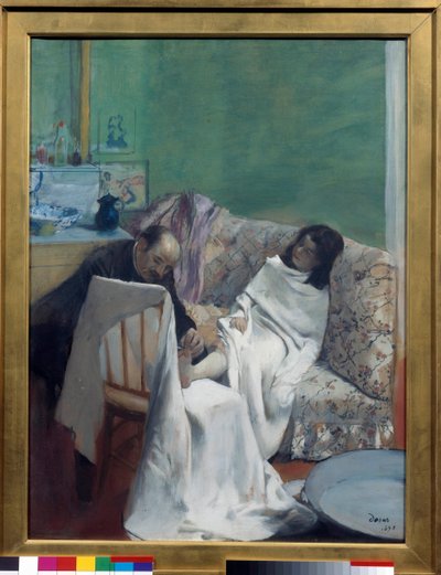ペディキュア 医師が若い女性の足を診察する様子。エドガー・ドガ（1834-1917）による絵画。1873.薄さ0.61 x 0.46 m パリ、オルセー美術館 作： Edgar Degas