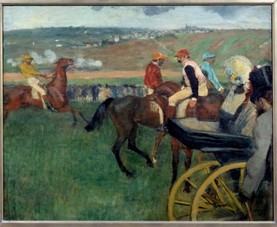 競馬場、車のそばにいるアマチュア・ジョッキー エドガー・ドガ（1834-1917）の絵画 1876-1887年 日。0,66x0,81 m パリ、オルセー美術館 作： Edgar Degas