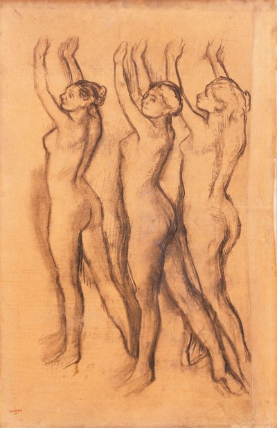 腕を上げたボディスーツを着た3人のダンサー 作： Edgar Degas