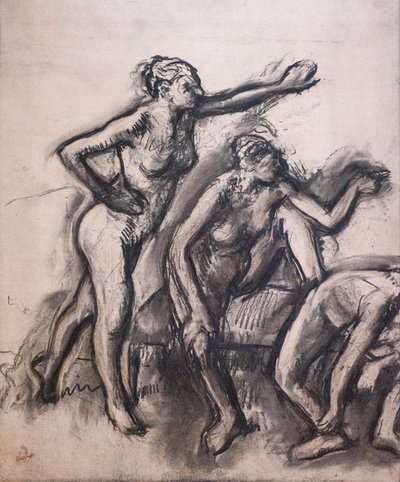 三人の裸の踊り子。1903年頃。トレーシングペーパーに木炭。 作： Edgar Degas