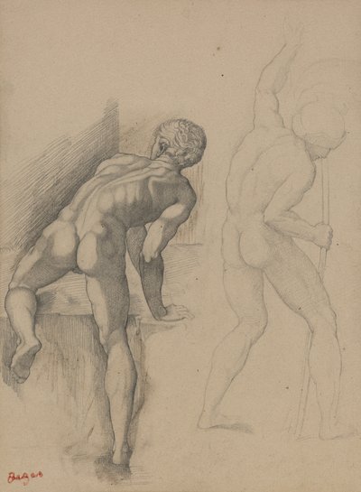 2人のヌード男性、1856-57年（濃いクリーム色の紙に黒鉛鉛筆） 作： Edgar Degas