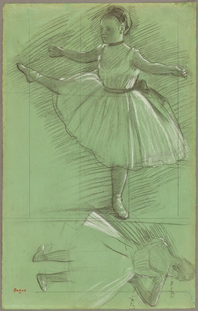 ダンサーの2つの研究、1873年頃（緑の紙に黒と白のチョーク） 作： Edgar Degas