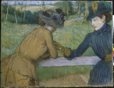 柵に寄りかかる二人の女性 作： Edgar Degas