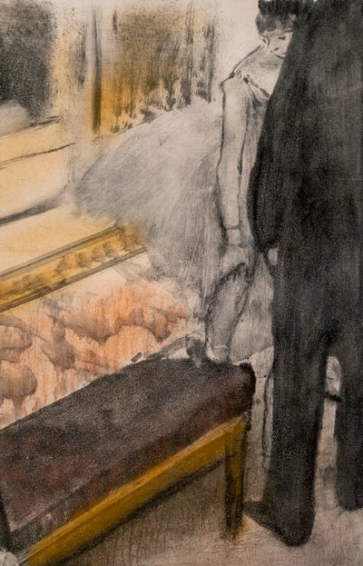二人の男と二人の踊り子（詳細）。1876年から1877年頃。モノタイプにパステル。 作： Edgar Degas