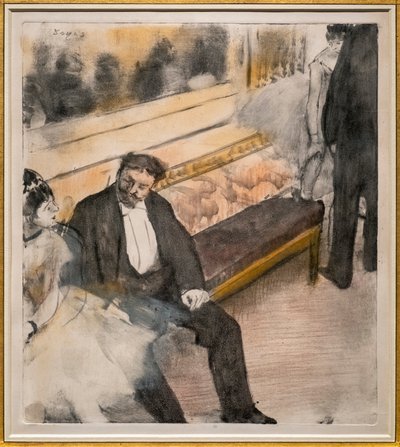 2人の男性と2人のダンサー。1876年から1877年頃。モノタイプにパステル。 作： Edgar Degas