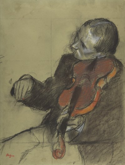 ヴァイオリニスト、ダンスレッスンの勉強、1878-79年（緑の紙の上にパステルと木炭） 作： Edgar Degas