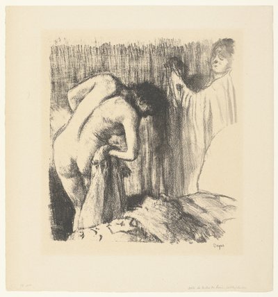 お風呂上がりに体を拭き、女性から服を渡される女性 ラ・ソーティ・デュ・ベイン 作： Edgar Degas