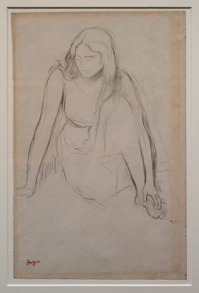 水辺に座る女性1867-1868年頃。ベリン紙に黒の鉛筆。 作： Edgar Degas