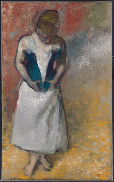 コルセットを握る正面から立った女性、1883年 作： Edgar Degas