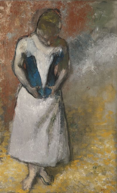 コルセットを握る、正面から立っている女性。 1883 作： Edgar Degas