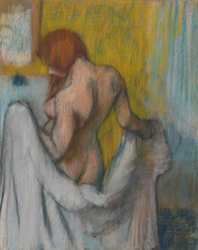 タオルを持つ女性、1894年または1898年（赤と青の繊維が入ったクリーム色の織り紙にパステル） 作： Edgar Degas