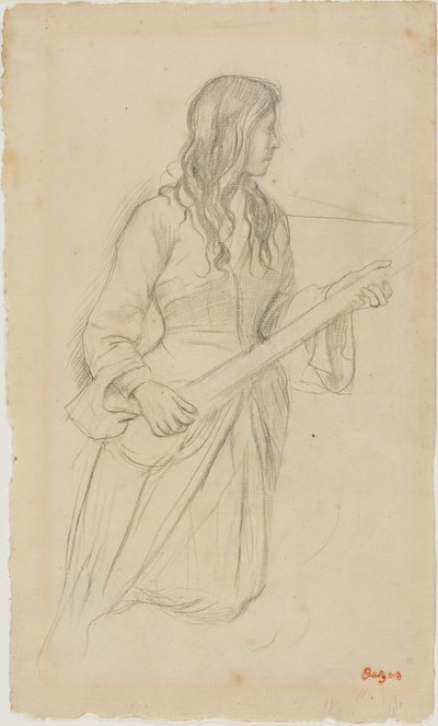 マンドリンを弾く若い女性、バレエ "ラ・ソース "のフィオクル嬢の肖像画のための習作 作： Edgar Degas