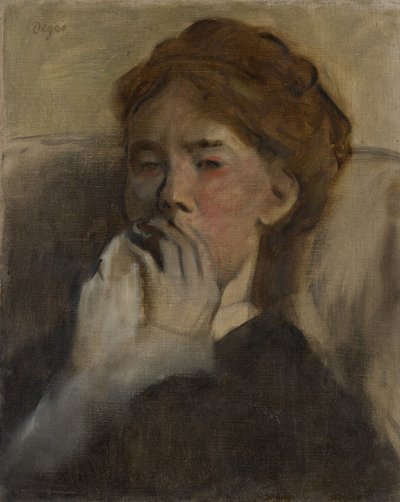 彼女の口に彼女の手を持つ若い女性、ca。 1875。 作： Edgar Degas