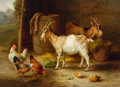 納屋のドアのそばのニワトリとヤギ 作： Edgar Hunt