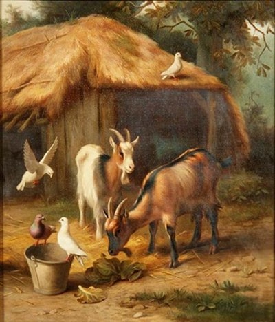 農園のヤギとハト 作： Edgar Hunt