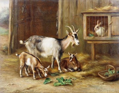 ウサギ小屋のそばのヤギ 作： Edgar Hunt