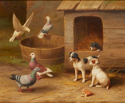 子犬と鳩（キャンバスに油彩） 作： Edgar Hunt