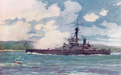 リオに接近するブラジルの超弩級戦艦「ミナス・ジェラエス」（カラーリソ） 作： Edgar L. Pattison
