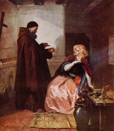 Shakespeare: Juliet and Friar Laurence、Romeo and Juliet、Act IV、Scene 1 (color litho) 作： Edgar Melville (after) Ward