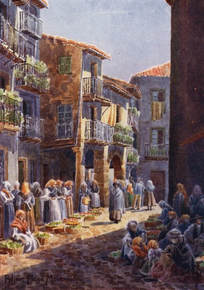 スペイン北部：ベハル、市場の一角（カラーリソ） 作： Edgar T. A. Wigram