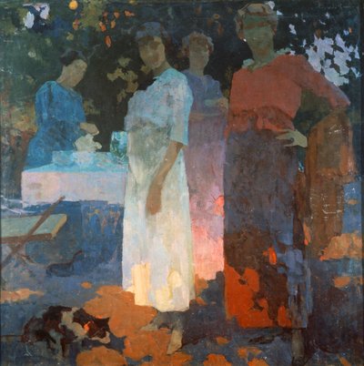 Edgardo Curcio（1881-1923）による庭での朝食、キャンバスに油彩、82x82 cm。 20世紀イタリア。 作： Edgardo Curcio