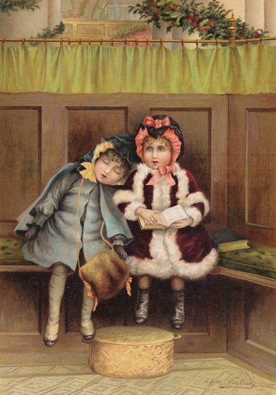 クリスマスの朝に教会で 2 人の女の子 (chromolitho) 作： Edith S. Berkeley