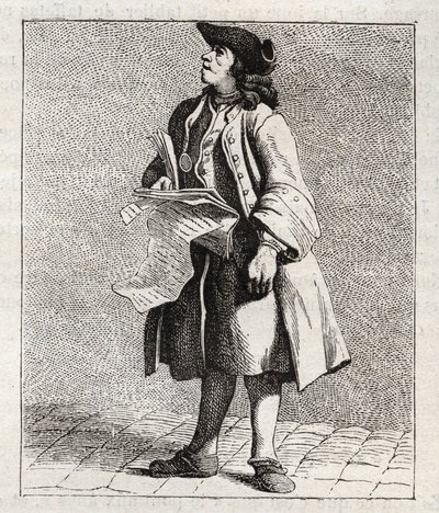 Le crieur des numos winners (Loto) - Petity metier de Paris (Études prises dans le bas Peuple, ou les Cris de Paris) - Edme Bouchardon (1698-1762) のエングレーヴィング。 作： Edmé Bouchardon
