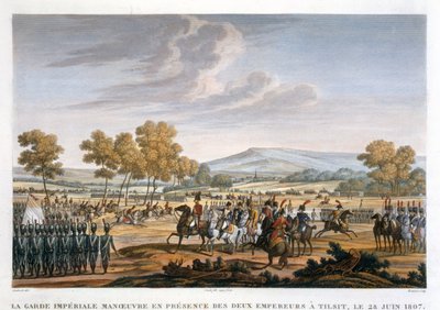 「1807 年 6 月 28 日、ティルシットで 2 人の皇帝の前で操縦する近衛兵」。 作： Edme Bovinet
