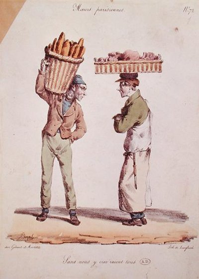 2人の若い商人が話している風刺画、「Moeurs Parisiennes」シリーズのプレート番号72、1820年頃、Langlumeの刻印（カラーリトグラフ）。 作： Edme Jean (after) Pigal