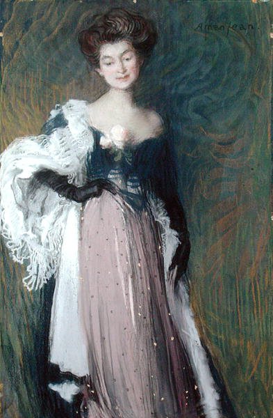 薔薇を持つ若い女性（油彩・キャンバス） 作： Edmond François Aman Jean