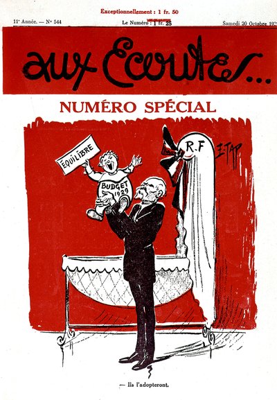 フランスの新聞 Aux Ecoutes の 1 面に、1929 年の予算を表す赤ちゃんが描かれています (フランス共和国)。 作： Edmond (1861 1943) Tapissier