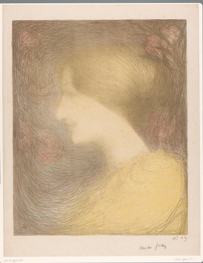 バラに囲まれた若い女性の頭 作： Edmond François Aman Jean