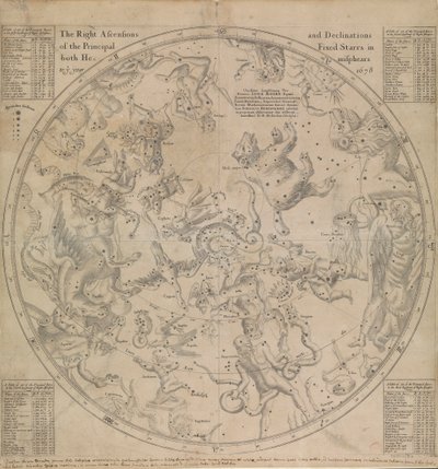 1678年までの両半球における主な恒星の右上がりと偏角 作： Edmond Halley