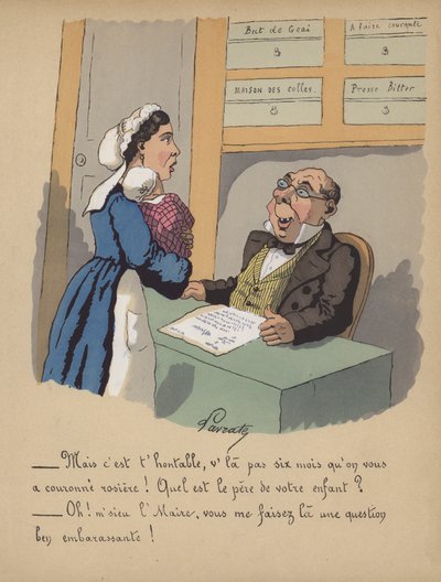 役所で赤ちゃんを登録する母親（カラーリトグラフ 作： Edmond Lavrate