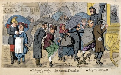 雨の中のオムニバスステーション - ラヴレートによるユーモラスなドローイング、1880年頃 作： Edmond Lavrate