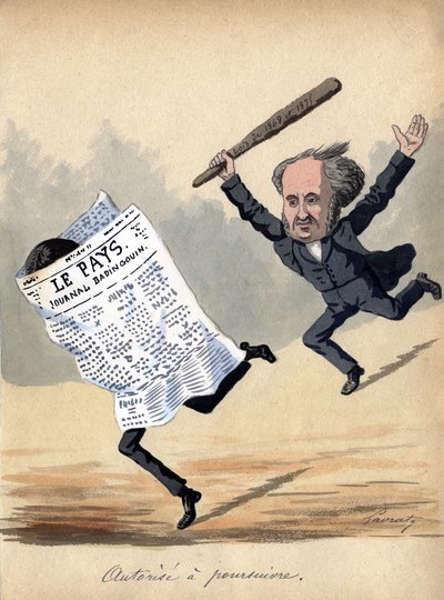 フランスにおける1875年の報道法に関する風刺画「訴追権」（カラーリトグラフ） 作： エドモンド・ラブラテ