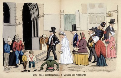 ラヴラートによるフランス社会を描いた漫画：クッシー・レ・コルナールでの貴族の結婚式。1880 作： Edmond Lavrate