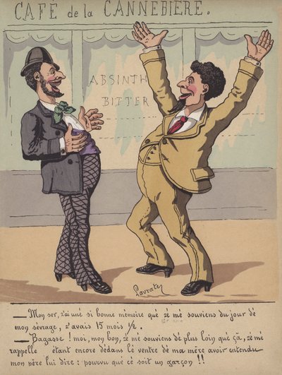 喫茶店の外での会話（カラーリトグラフ 作： Edmond Lavrate
