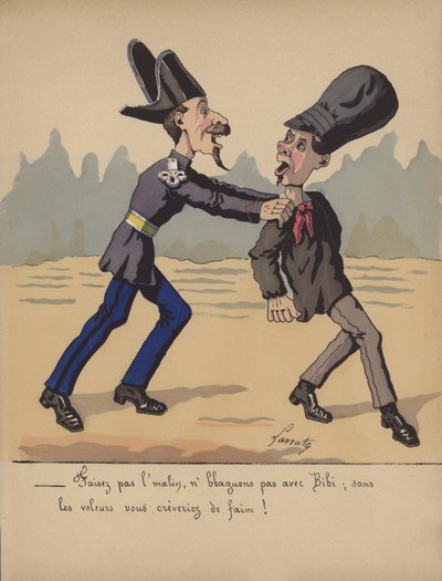 窃盗犯を逮捕する警察官（カラーリトグラフ 作： Edmond Lavrate