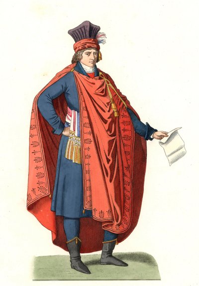 民衆の代表者の衣装 18世紀フランス、同時代の版画の後 - 「Costumes historiques des 16e」から抜粋されたエドモン・ルシュヴァリエ＝シュヴィニャール（1825-1902）のイラストをもとにリトグラフで作成。 作： Edmond Lechevallier Chevignard