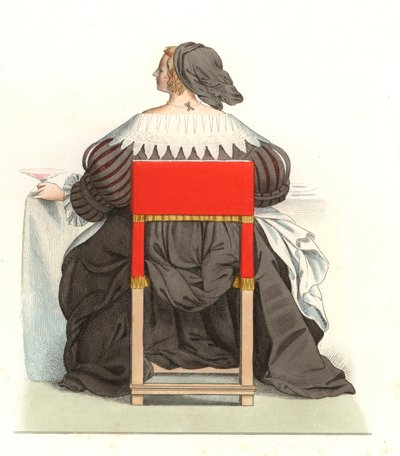 フランス人女性 17世紀、アブラハム・ボッセ（1602-1676）のエングレーヴィングより - エドモンド・ルシュヴァリエ・シュヴィニャール（1825-1902）のイラストをリトグラフ化したもので、「Costumes historiques des 16th」より。 作： Edmond Lechevallier Chevignard