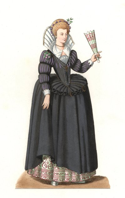 ヘンリー3世（1551-1589）の時代のフランス人女性 - Edmond Lechevallier-Chevignard（1825-1902）のイラストを元にしたリトグラフ（「Costumes historiques des 16th」より 作： Edmond Lechevallier Chevignard