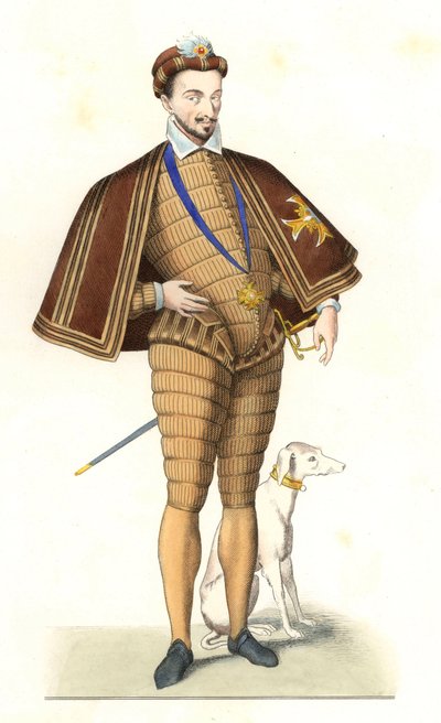 聖霊騎士団の首飾りをつけたフランス王アンリ3世（1551-1589） - Edmond Lechevallier-Chevignard（1825-1902）のイラストをもとにしたリトグラフ（「Costumes historiques des 16th」より）。 作： Edmond Lechevallier Chevignard