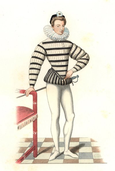 16世紀のフランス人紳士サン＝メグリンの肖像、リフフォーの挿絵に基づく - Edmond Lechevallier-Chevignard（1825-1902）の挿絵からのリトグラフ、「Costumes historiques des 16th」より。 作： Edmond Lechevallier Chevignard