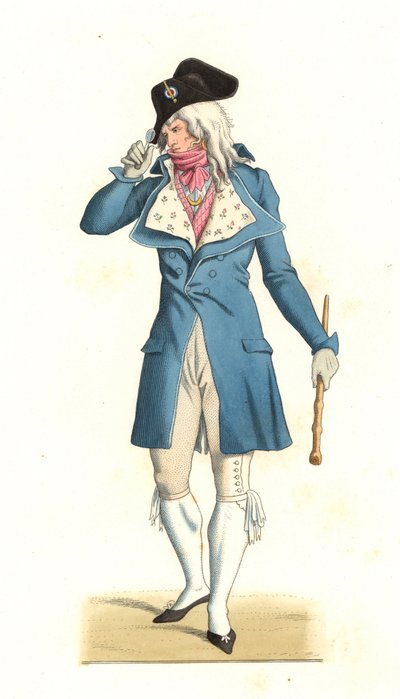 Carle Vernet（1758-1836）の絵画の後に描かれた、18世紀のインクレディブルのファッションで生まれた若いフランス人男性 - Edmond Lechevallier-Chevignard（1825-1902）によるイラストからのリトグラフ、「Costumes historiques des 16e」より。 作： Edmond Lechevallier Chevignard