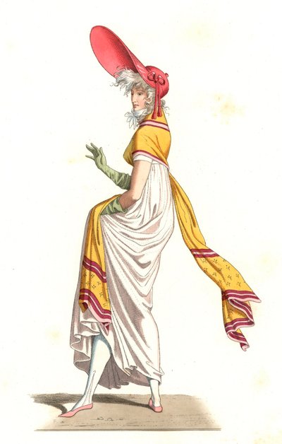 カルル・ヴェルネ（1758-1836）の絵画の後に描かれた、18世紀の素晴らしい時代のファッションに身を包んだ若いフランス人女性 - 「Costumes historiques des 16th」に掲載されたエドモン・ルシュヴァリエ＝シュヴィニャール（1825-1902）のイラストをもとにしたリトグラフ。 作： Edmond Lechevallier Chevignard