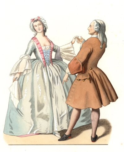 ピエトロ・ロンギ（1701-1785）の絵画に基づく、18世紀イタリアのダンス・レコン（踊りの師匠と若いヴェネツィア人） - 「16世紀の歴史的衣装」から抜粋したエドモン・ルシュヴァリエ＝シュヴィニャール（1825-1902）のイラストに基づくリトグラフ。 作： Edmond Lechevallier Chevignard
