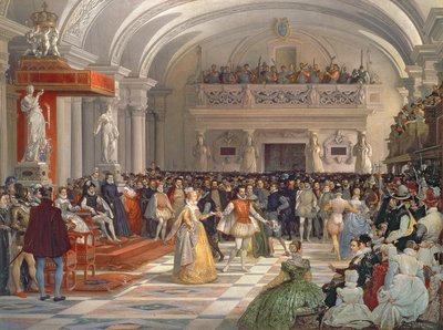 1572年、1862年、カトリーヌドメディチとシャルル9世の存在下での、ナバラ王、アンリドブルボンのマルグリットドヴァロワへの結婚式 作： Edmond Lechevallier Chevignard