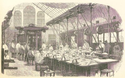 パリのパブ、クリストフル フラットウェア ファクトリーで働くシルバースミス。 1875年。 作： Edmond Morin